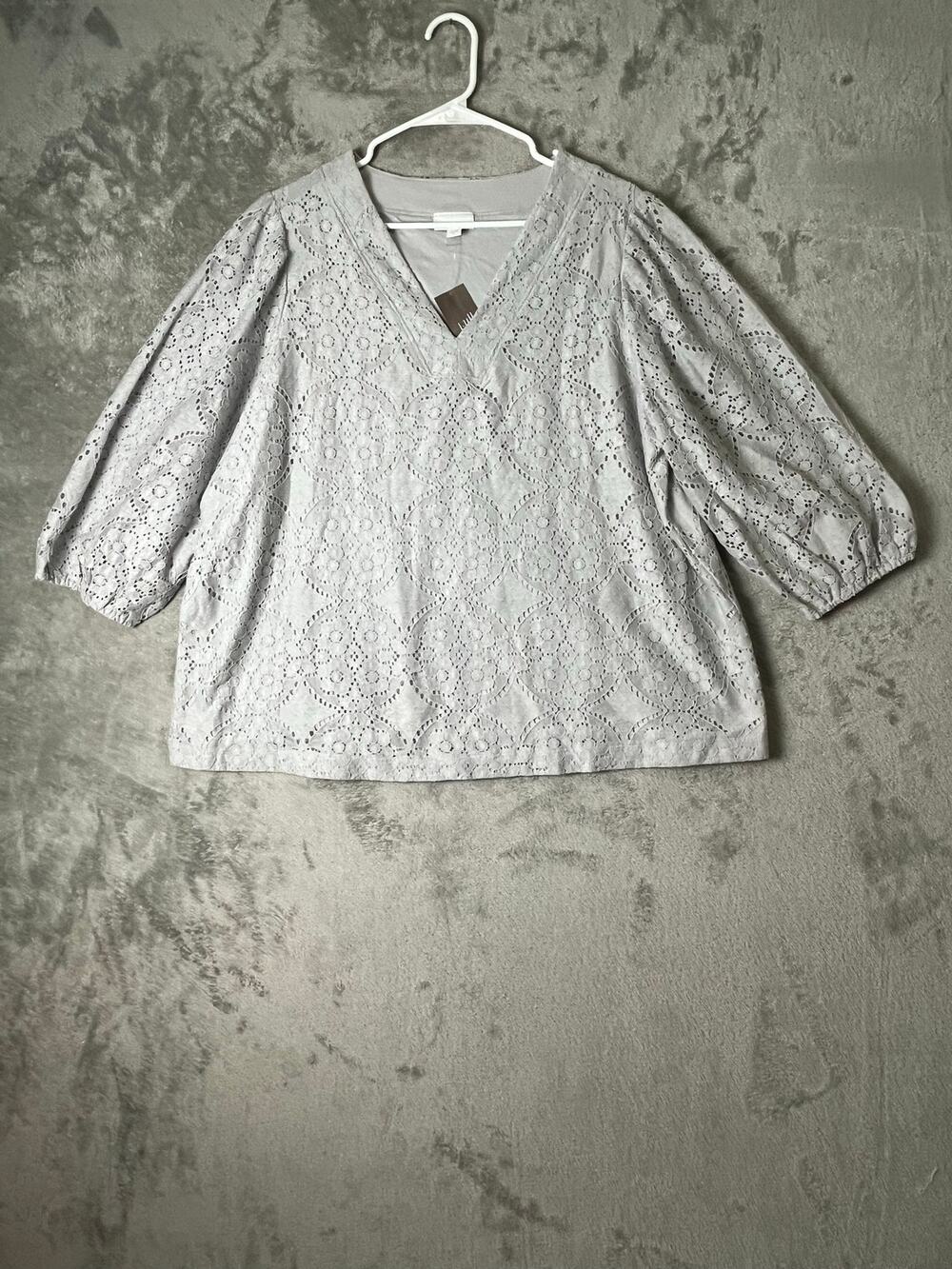 J.Jill Zinc Grey Floral Lace V-Neck 3/4 Sleeve Lined Boho Peasant Blouse XL New